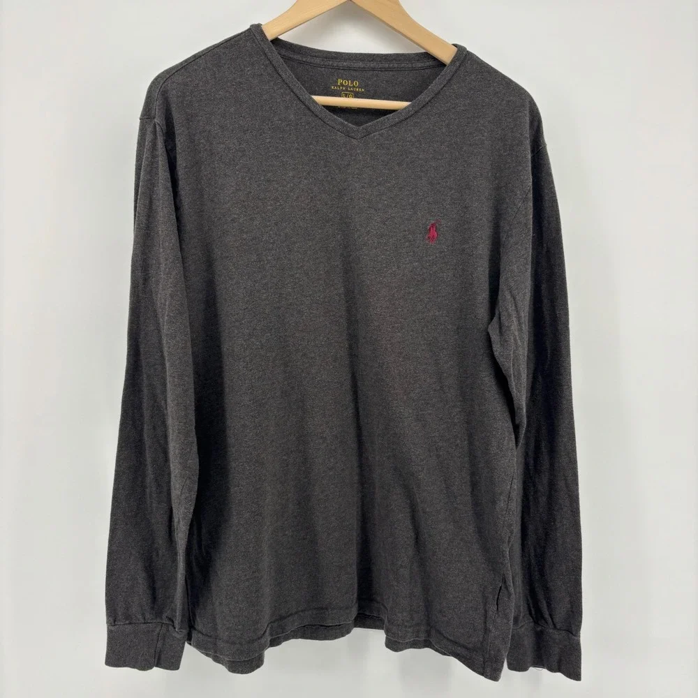Polo Ralph Lauren T-Shirt Mens L Grey Excellent V-Neck Long‎ Sleeve Pony Logo